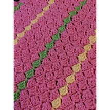 Hand Made Crochet Knit Pink Afghan Throw Lap Blanket 36&quot; X 51&quot; Striped Green Yel - £23.96 GBP