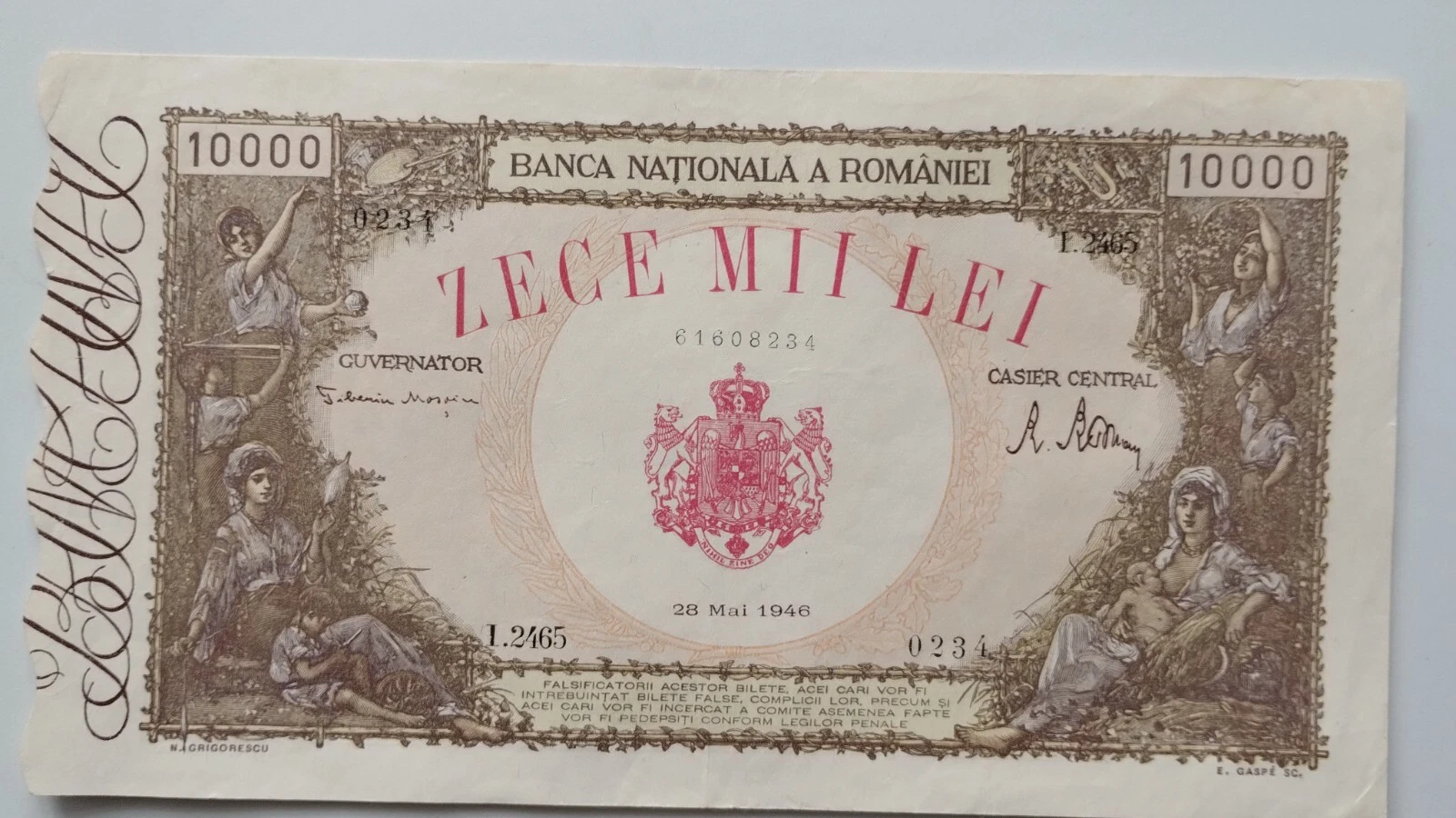 Bancnote 10000 lei, UNC, 28 Mai 1946, serie I2465 0234, Romania 1948, Ni... - $149.00