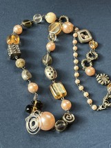 Long Faux Peach &amp; Gray Pearl Silvertone Gray &amp; Peach Glass Bead Necklace – 30 in - £11.90 GBP