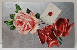 A Happy Birthday Embossed Pretty Rose Vintage Sliver Shimmer 1909 Postcard B17 - £3.10 GBP