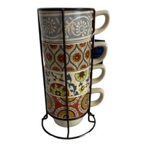 Pier 1 One Imports 4 Stackable Coffee Tea Mugs Cups Metal Rack Floral Az... - $43.60