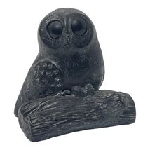 A Wolf Original Owl on Log Black Soapstone Carving Large Eyes Figurine C... - $16.80