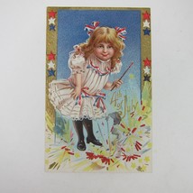Postcard Independence Day 4th of July Girl Firecrackers Patriotic Antique Unpost - £7.90 GBP