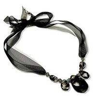 Black Agate and Clear Stone Necklace Sheer Black Organza Ribbon Prism De... - $7.74