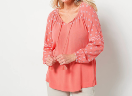 Susan Graver Weekend Essentials Crinkled Gauze Lace Up Top Radiant Coral, X-SMAL - £21.24 GBP