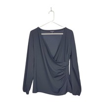 Talbots Blouse Womens Large V Neck Top Ruche Long Sleeve Black Stretch - $18.70