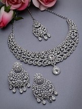 Kundan JewelrY Rhodium Plated Silver AD Stones Silver Necklace Set Earring - £16.50 GBP