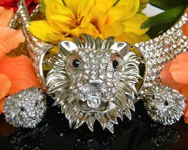 Lion Face Necklace Earrings Rhinestone Set Demi Parure Leo Figural - £127.85 GBP