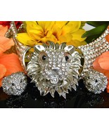 Lion Face Necklace Earrings Rhinestone Set Demi Parure Leo Figural - £126.75 GBP