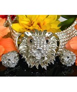 Lion Face Necklace Earrings Rhinestone Set Demi Parure Leo Figural - €130,22 EUR