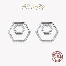 Ailmay Charm Sparkling Hexagon Earrings 100% 925 Silver Geometric CZ Stud Earrin - £16.79 GBP