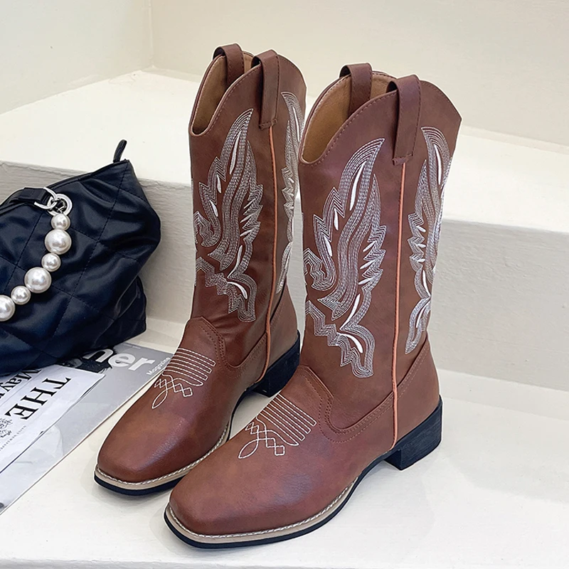 2023 Women Embroidered Pull on boy Boots Block  Heel Western Boots Mid Calf Boot - £104.80 GBP