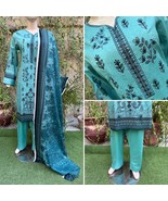 Pakistani Blue Printed Straight Shirt 3-PCS Lawn Suit w/ Threadwork ,L#1 - $56.43