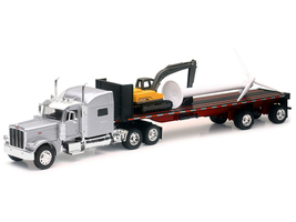 Peterbilt 389 Truck with Flatbed Trailer Silver Metallic with Excavator and Wind - $69.84