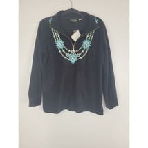 Bob Mackie Sweater M Womens Black Long Sleeve 1/2 Zip Jewels Embroidered... - $30.58