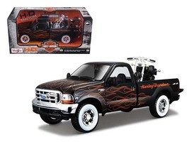 1999 Ford F-350 Super Duty Pickup Black with Flames 1/27 &amp; 2002 Harley D... - £31.67 GBP