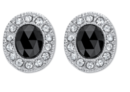 Oval Checkerboard Cut Simulated Black Onyx Crystal Accent Earrings Silvertone - £79.92 GBP