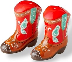 Pioneer Woman Red Cowboy Boots Salt &amp; Pepper Shaker Set Hand-Painted Cer... - $19.86