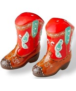 Pioneer Woman Red Cowboy Boots Salt &amp; Pepper Shaker Set Hand-Painted Cer... - €17,18 EUR