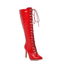 Sexy Lace-up Knee High Boots Women Fashion High Heels Female Long Boots Pointed  - £74.77 GBP
