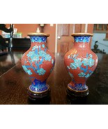 PAIR OF JAPANESE CLOISONNE  SMALL 4 INCH VASES WITH WOODEN STANDS - $39.11 CAD