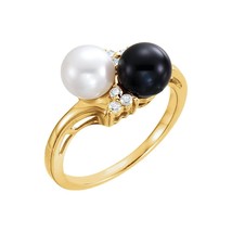 14K Yellow Gold Akoya Black and White Cultured Pearl and Diamond Ring Size 6 - £801.03 GBP