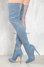 Women Newest Pointed Toe Over Knee Blue Denim Lace-up Gladiator Boots Back Cut-o - £167.83 GBP