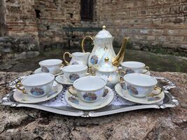 Vintage Rococo Porcelain Tea Set: Iridescent Gold Trim, 15 Piece - $190.00