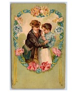 Floral Heat Wreath Couple in Embrace Embossed Valentines Day DB Postcard... - $130.97 MXN