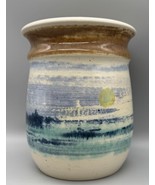 Vintage Studio Art Pottery Glazed Vase Crock Signed Landscape Marsh 7&quot; C... - £36.84 GBP