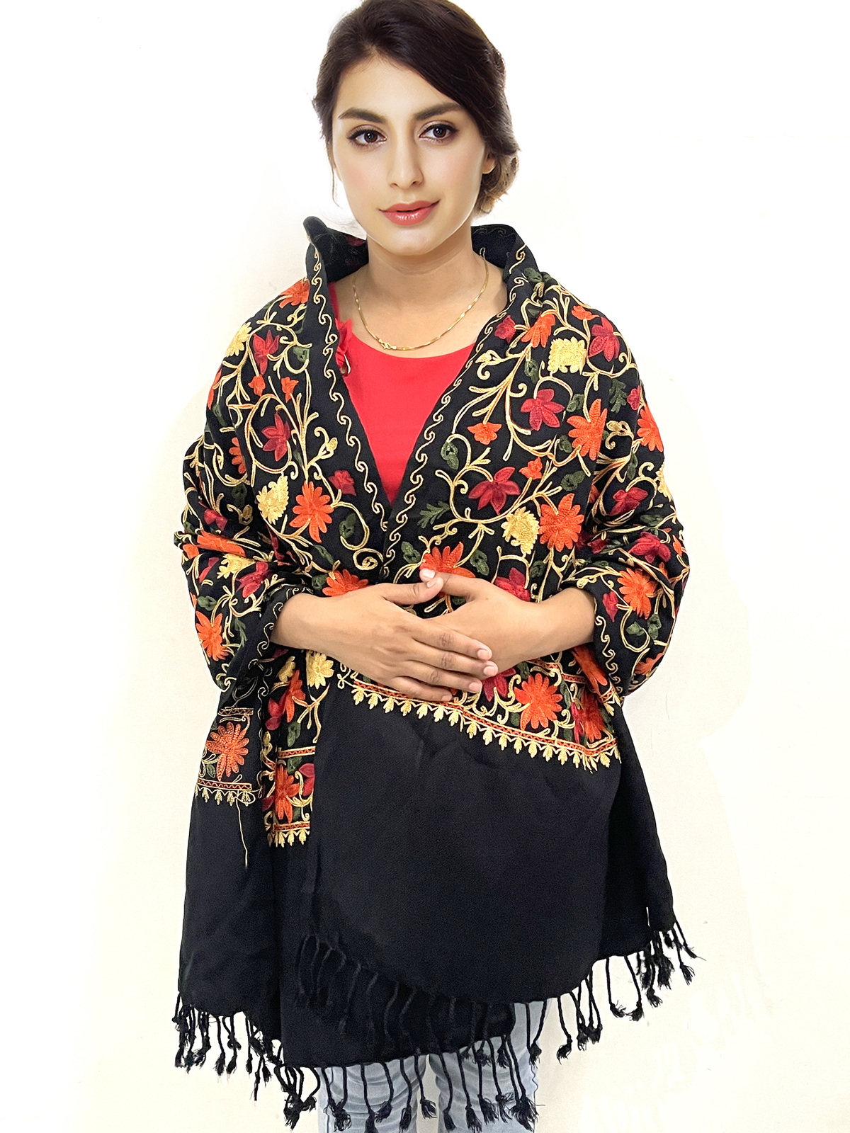 Primary image for Women's Kashmiri Black Color Stole Ethnic Flower Embroidered Wool Shawl Cashmere