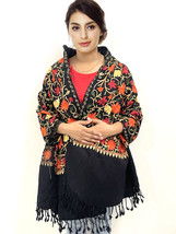 Women&#39;s Kashmiri Black Color Stole Ethnic Flower Embroidered Wool Shawl Cashmere - £63.34 GBP