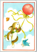 Postcard Hallmark Happy Easter Bunny Rabbit Butterfly Balloon Blue Bird Flowers - $7.13