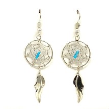 Vtg Sterling Southwest Navajo Dream Catcher Nugget Turquoise Feather Earrings - £31.03 GBP