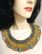 Egyptian Cleopatra Scarabs Blue Red Black Golden Beaded Necklace Costume - $17.81