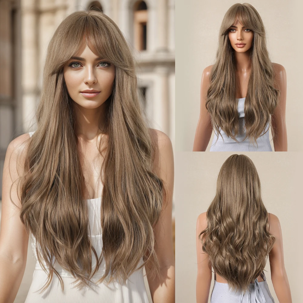 EASIHAIR Light Brown Long Wavy Synthetic Wigs for Women with Bangs Body Wa - £17.34 GBP+