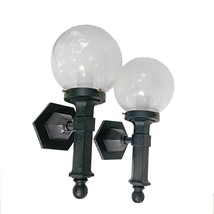 Pair Antique Sconce Cast Iron Lights 1900s 7&quot; French Crystal Globes Restored - £417.87 GBP