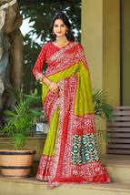 OLIVE COLOUR DESIGNER IKKAT PALLU SAREE WITH EMBROIDERED SEQUENCE BORDER... - £85.05 GBP