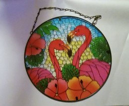 Hand Painted Flamingo Bird Round Glass Hanging Suncatcher Window/Wall Decor - $39.60
