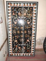 5&#39;x3&#39; Black Marble Center Dining Table, Semi Precious Inlay Marquetry Ar... - $2,807.23