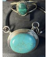 SILVER cuff bracelet W/ oval MALACHITE stone &amp; Large TURQUOISE Necklace! - €446,63 EUR