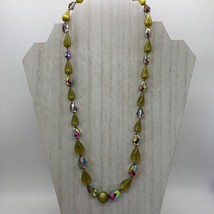 Beaded Teardrop 24&quot; Necklace Vintage Peridot Green Faceted Aurora Borealis - £31.06 GBP