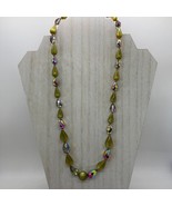 Beaded Teardrop 24&quot; Necklace Vintage Peridot Green Faceted Aurora Borealis - £31.02 GBP