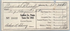 Cambria County Pennsylvania Tax Receipt 1943 - £11.66 GBP