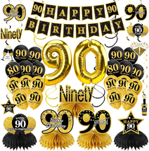 90Th Birthday Decorations Kit for Men Women, 36Pcs Black Gold Happy 90 Birthday - £28.90 GBP