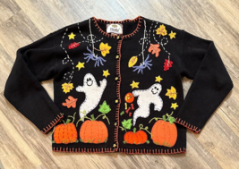 Tiara International White Ghost Halloween Sweater Cardigan Button Size 1... - £15.91 GBP