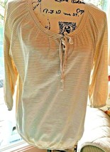 Indigo Great NW Beige Striped Career Blouse Shirt Size Medium Gathered 080-28 - £5.40 GBP
