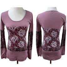 Anthropologie Language Pink Print Longer Cotton Long Sleeve Knit Top Siz... - $17.99