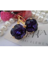 Purple Velvet Gold Earrings w/ Swarovski 4470 Square Cushion Cut 12mm / ... - £25.57 GBP