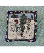 Needlepoint Christmas Snowman Family Decorative Pillow 16x16 Blue &amp; Gold... - £26.62 GBP